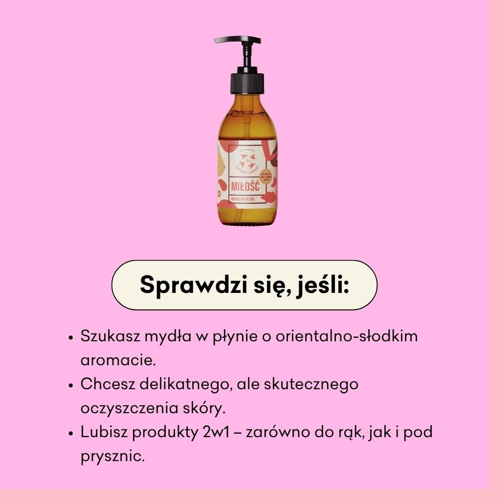 Butelka mydła w płynie z pompką oznaczona „Miłość” została umieszczona na różowym tle, a tekst podkreśla jego orientalno-słodki zapach, delikatne, ale skuteczne właściwości myjące oraz wszechstronność 2 w 1 do stosowania do rąk i pod prysznicem.