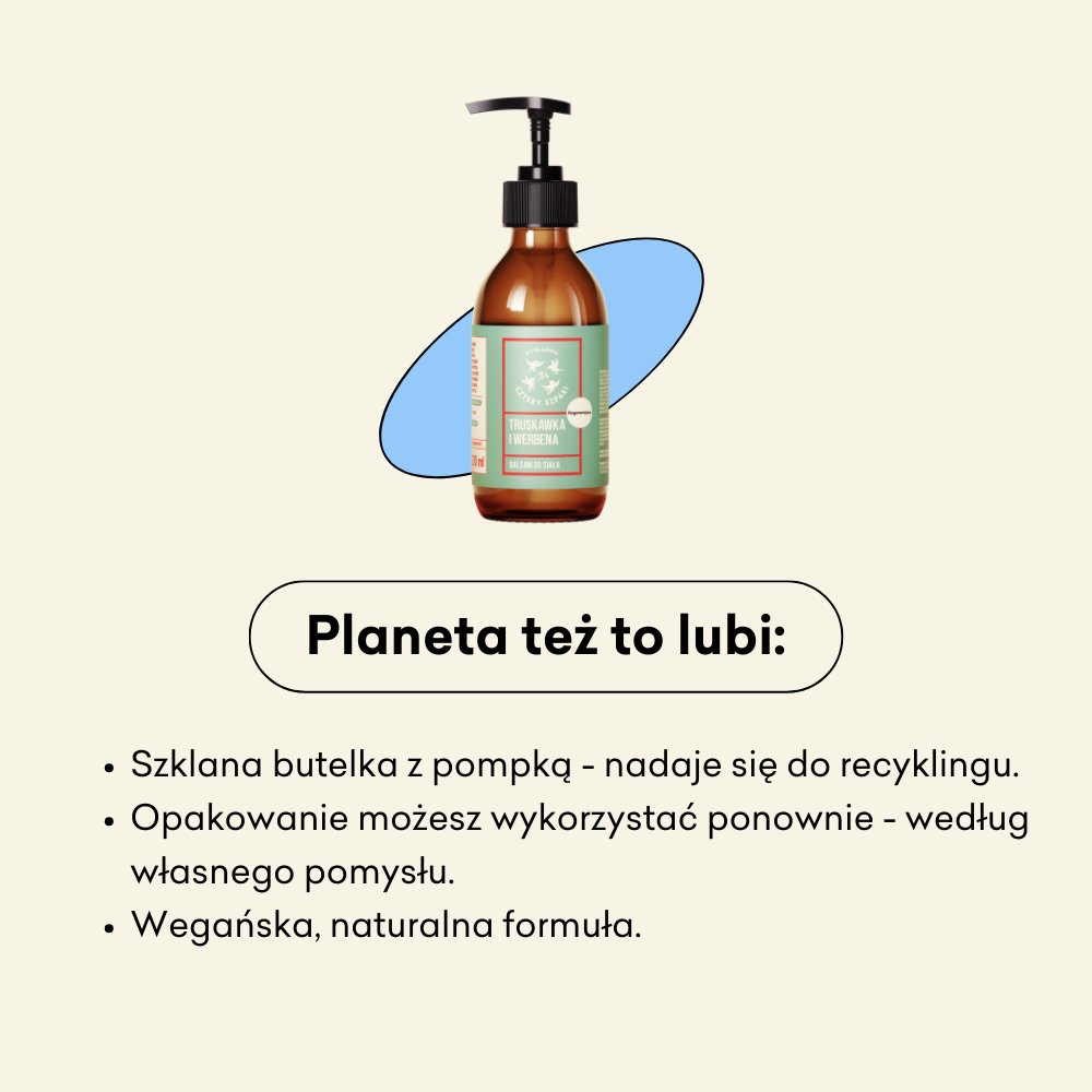 Brązowa szklana butelka z pompką produktu kosmetycznego jest pokazana nad niebieskim kształtem. Tekst w języku polskim podkreśla cechy przyjazne dla środowiska: szkło nadające się do recyklingu, opakowanie wielokrotnego użytku oraz wegańską, naturalną for