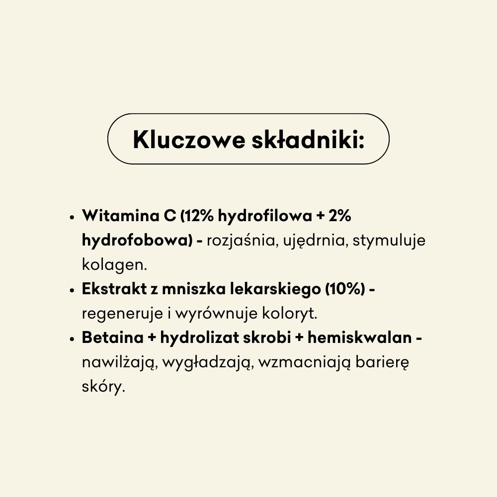 Serum Witaminowe Mniszek Lekarski kluczowe składniki: witamina C, ekstrakt z mniszka lekarskiego, betaina, hydrolizat skrobi, hemiskwalan.