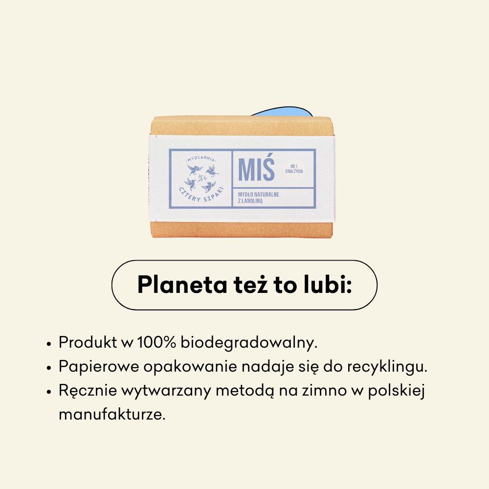 Mydło w kostce Miś z lanoliną infografika planeta też to lubi: produkt w 100% biodegradowalny, papierowe opakowanie nadaje się do recyklingu, ręcznie wytwarzany metodą na zimno w polskiej manufakturze.